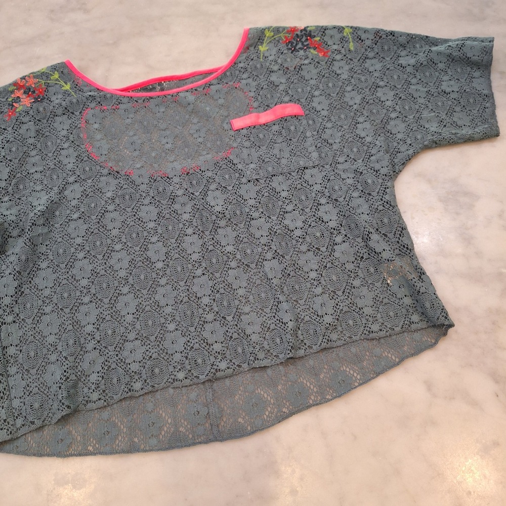 Free People Lace Top Women S Blue Pink Floral Embroidered Sheer Boho Crop Shirt